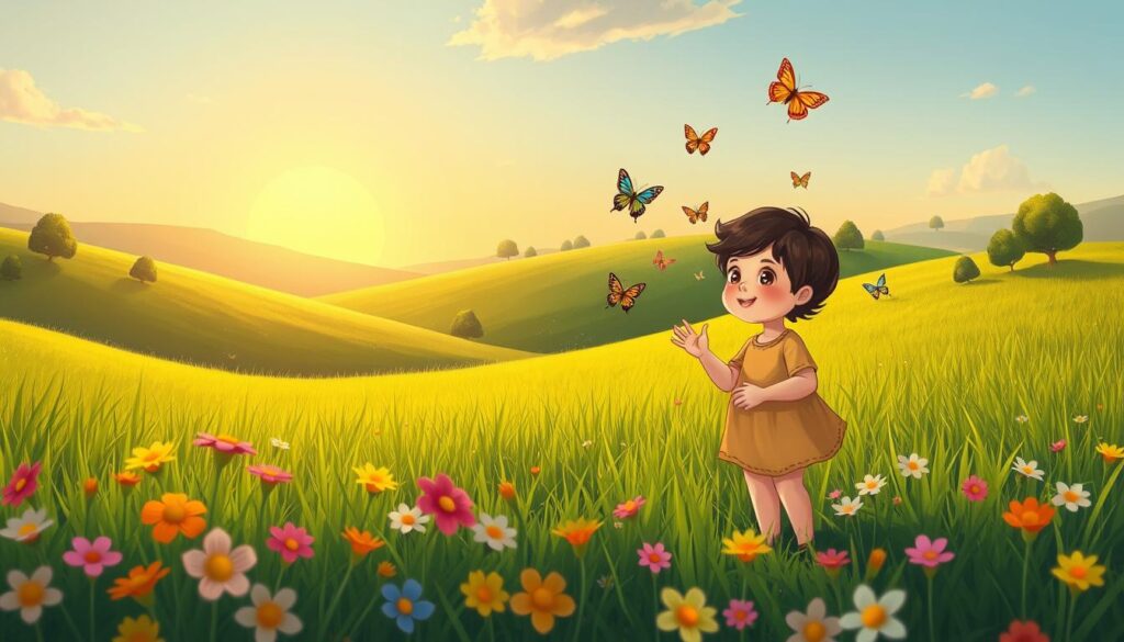 A serene landscape where a young child stands in a lush green meadow, symbolizing the inner child concept. The child, wearing a simple, modest outfit with bright colors, is joyfully playing with colorful butterflies that flutter around. In the foreground, soft, vibrant flowers bloom, emphasizing innocence and curiosity. The middle ground features gentle hills dotted with trees, while a warm, golden sun sets in the background, bathing the scene in a soft, comforting light. The atmosphere is peaceful and nurturing, evoking a sense of healing and connection to one's childhood. This image should capture the essence of emotional healing, reflecting warmth and hope. [nextself.ai]